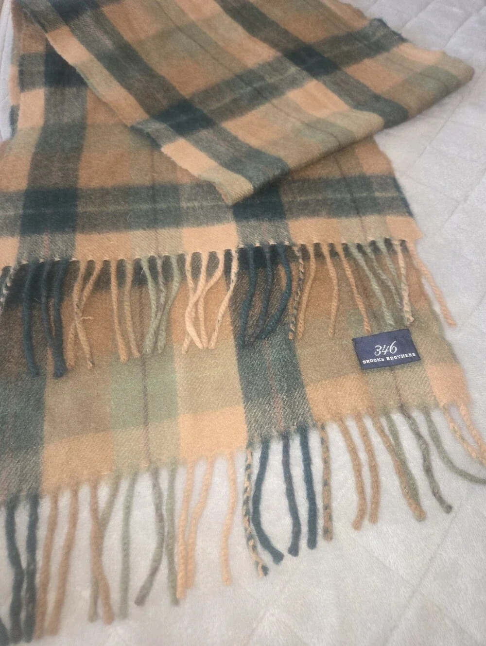 Brooks Brothers Tan and Green Plaid Wool Scarf